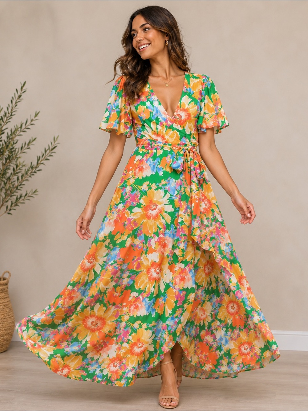 Flying Tomato Multicolor Floral V-Neck Maxi Dress